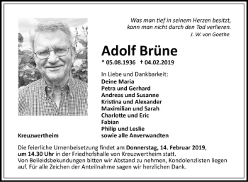 Traueranzeige von Adolf Brüne von Fränkische Nachrichten