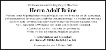 Traueranzeige von Adolf Brüne von Fränkische Nachrichten