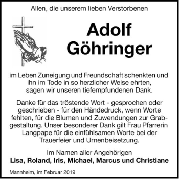 Traueranzeige von Adolf Göhringer von Mannheimer Morgen