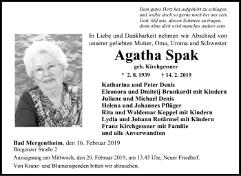 Traueranzeige von Agatha Spak von Fränkische Nachrichten