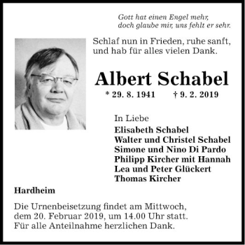 Traueranzeige von Albert Schabel von Fränkische Nachrichten