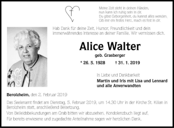 Traueranzeige von Alice Walter von Fränkische Nachrichten