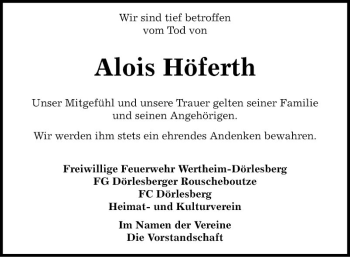 Traueranzeige von Alois Höferth von Fränkische Nachrichten