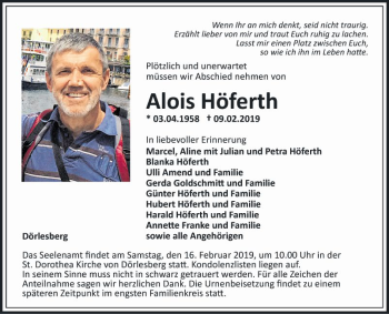 Traueranzeige von Alois Höferth von Fränkische Nachrichten