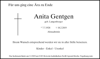 Traueranzeige von Anita Gentgen von Mannheimer Morgen