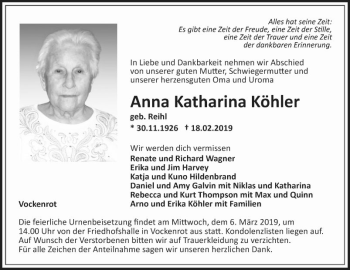 Traueranzeige von Anna Katharina Köhler von Fränkische Nachrichten