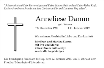 Traueranzeige von Anneliese Damm von Mannheimer Morgen