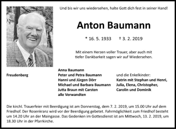 Traueranzeige von Anton Baumann von Fränkische Nachrichten