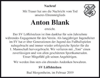 Traueranzeige von Anton Blank von Fränkische Nachrichten