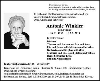 Traueranzeige von Antonie Winkler von Fränkische Nachrichten