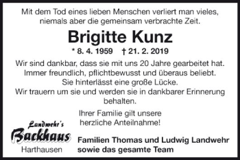 Traueranzeige von Brigitte Kunz von Fränkische Nachrichten