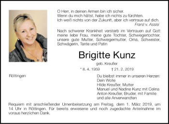 Traueranzeige von Brigitte Kunz von Fränkische Nachrichten