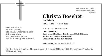 Traueranzeige von Christa Boschet von Fränkische Nachrichten