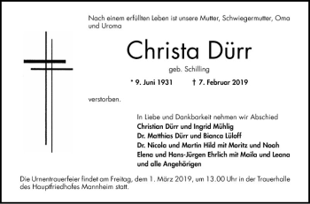 Traueranzeige von Christa Dürr von Mannheimer Morgen