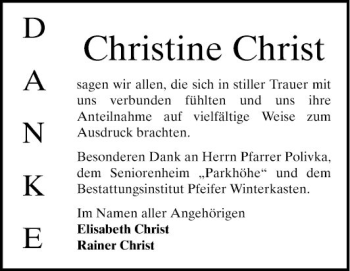 Traueranzeige von Christine Christ von Bergsträßer Anzeiger