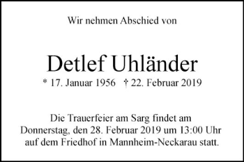 Traueranzeige von Detlef Uhländer von Mannheimer Morgen