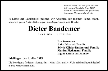 Traueranzeige von Dieter Bandemer von Fränkische Nachrichten