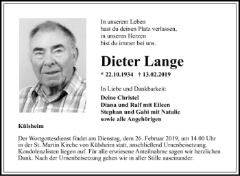 Traueranzeige von Dieter Lange von Fränkische Nachrichten