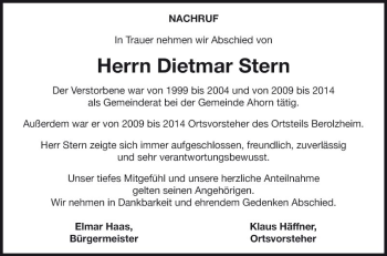 Traueranzeige von Dietmar Stern von Fränkische Nachrichten