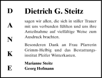 Traueranzeige von Dietrich G. Steitz von Bergsträßer Anzeiger