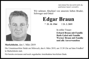 Traueranzeige von Edgar Braun von Fränkische Nachrichten