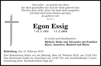 Traueranzeige von Egon Essig von Fränkische Nachrichten