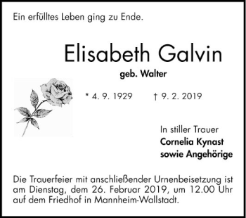 Traueranzeige von Elisabeth Galvin von Mannheimer Morgen