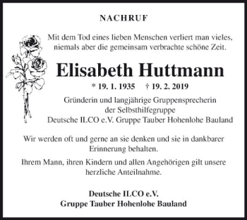 Traueranzeige von Elisabeth Huttmann von Fränkische Nachrichten