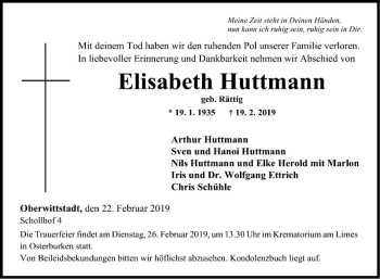 Traueranzeige von Elisabeth Huttmann von Fränkische Nachrichten