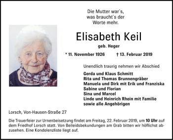 Traueranzeige von Elisabeth Keil von Bergsträßer Anzeiger