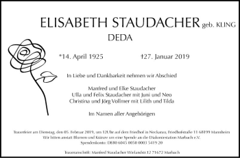 Traueranzeige von Elisabeth Staudacher von Mannheimer Morgen