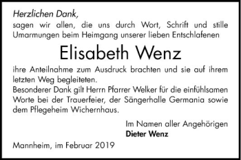 Traueranzeige von Elisabeth Wenz von Mannheimer Morgen