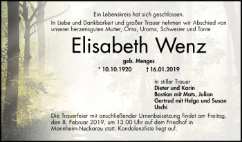 Traueranzeige von Elisabeth Wenz von Mannheimer Morgen