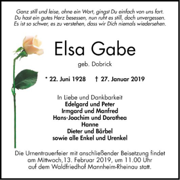 Traueranzeige von Elsa Gabe von Mannheimer Morgen