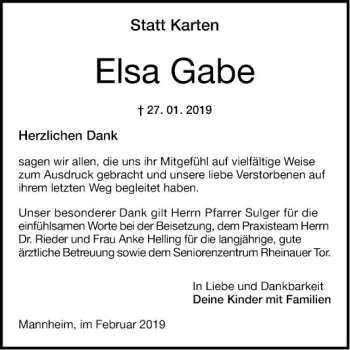 Traueranzeige von Elsa Gabe von Mannheimer Morgen