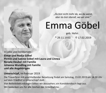 Traueranzeige von Emma Göbel von Fränkische Nachrichten