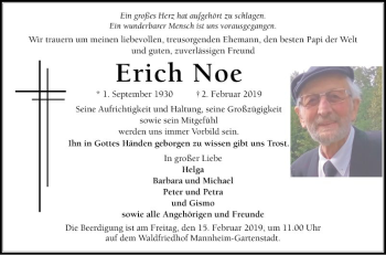 Traueranzeige von Erich Noe von Mannheimer Morgen