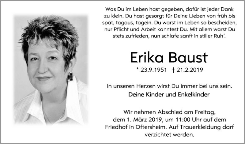  Traueranzeige für Erika Baust vom 26.02.2019 aus Schwetzinger Zeitung