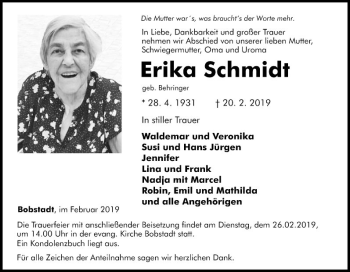 Traueranzeige von Erika Schmidt von Fränkische Nachrichten