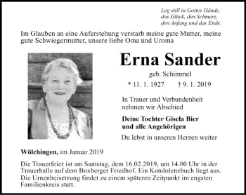 Traueranzeige von Erna Sander von Fränkische Nachrichten