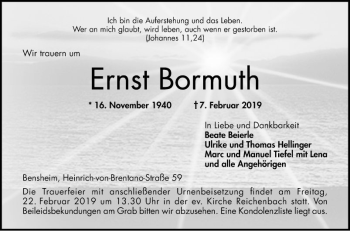 Traueranzeige von Ernst Bormuth von Bergsträßer Anzeiger