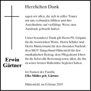 Traueranzeige von Erwin Gärtner von Südhessen Morgen