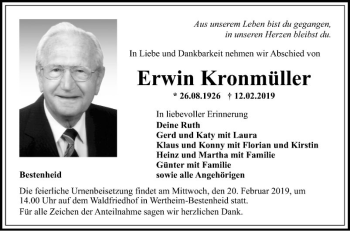 Traueranzeige von Erwin Kronmüller von Fränkische Nachrichten