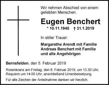 Traueranzeige von Eugen Benchert von Fränkische Nachrichten