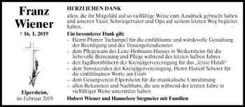 Traueranzeige von Franz Wiener von Fränkische Nachrichten