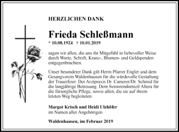 Traueranzeige von Frieda Schleßmann von Fränkische Nachrichten