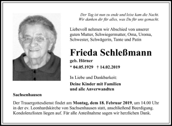 Traueranzeige von Frieda Schleßmann von Fränkische Nachrichten