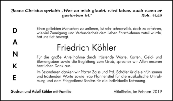 Traueranzeige von Friedrich Köhler von Schwetzinger Zeitung