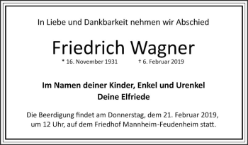 Traueranzeige von Friedrich Wagner von Mannheimer Morgen