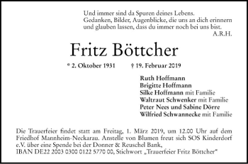 Traueranzeige von Fritz Böttcher von Mannheimer Morgen